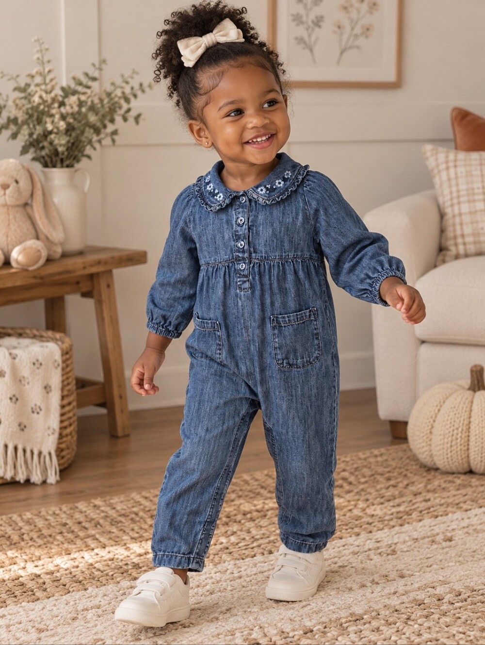 Baby Gap Girls Chambray Romper 18-24M Embroidered Peter Pan Collar Jumpsuit